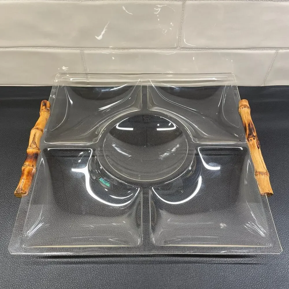 Vintage Bamboo and Acrylic Sectioned Serving Tray